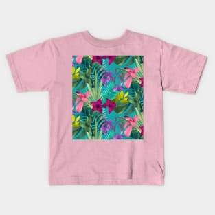 Elegant tropical flowers and leaves pattern purple illustration, blue tropical pattern over a Kids T-Shirt